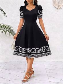 SHEIN Lady Women's Geometric Print Sweetheart Neckline Short Petal Sleeve Elegant Vintage 70s Retro Dress Wedding Party Night Bar Dinner Black And White Summer - Black and White - View 3