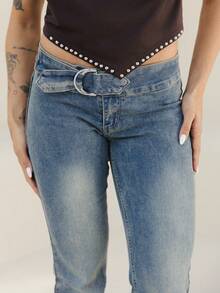 Maju Mazalli Celana Jeans Flare Washed Berpinggang Rendah yang Modis untuk Musim Gugur Kasual - Dark Wash - View 4