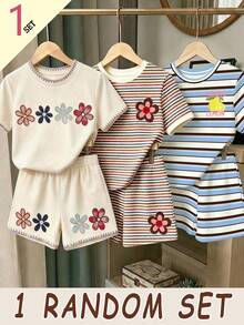 Souflis Souflis 1 Set Random Girls Fresh Colorful Floral Lemon Blue Brown White Striped Colorblock Print Basic Short T-Shirt And Shorts Set - Multicolor - View 1