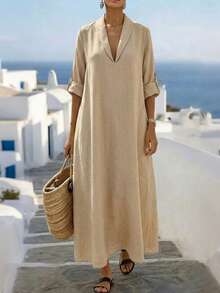 Linhara CURVE Autumn New Loose Casual Traditional Solid Color Plus Size Dress, Suitable For Outings And Daily Gatherings Fall Formal Wedding Guest Beige - Apricot - View 4
