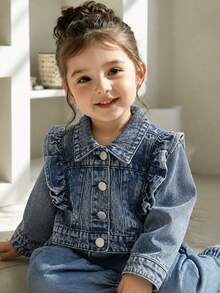 SHEIN Playful Pals 女嬰深藍色荷葉邊飾復古時尚牛仔短夾克，適合戶外玩耍、旅行、度假、親子活動、派對聚會等場合，居家、外出與日常穿著皆宜 - 中等水洗藍 - 查看 5