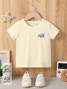 SHEIN Playful Pals 春夏男童休闲时尚创意个性清新简约可爱卡通海龟波浪图案字母标语印花舒适基础款短袖T恤，适合春、夏、秋季穿着。 - 黑色 - 查看 2