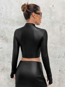 SHEIN ICON 女款秋冬 Y2K 拉鍊圓弧下擺 PU 皮革外套 - 黑色 - 查看 2