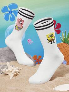 SpongeBob SquarePants | SHEIN 1 Pair Of Comfortable And Cute Cartoon Pattern Tube Socks - Black and White - View 4