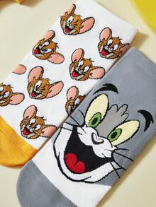 TOM & JERRY X SHEIN 2pairs Women's Cute Cartoon Pattern Contrast Color Short Ankle Socks - color mixing - View 3