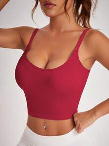 Solea Cove Women's Solid Color Ribbed Fitted Strap Sports Tank Top - Red - View 3