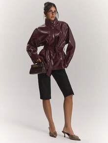 SHEIN BAE Jaket Trench Coat Wanita dengan Sabuk, Musim Gugur - Burgundy - View 3