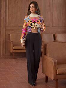 Anewsta Suéter de mujer de cuello redondo con patrón floral calado, manga larga, para primavera y otoño - Albaricoque - Ver 5