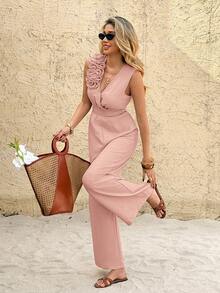 SHEIN Frenchy Celana Panjang Terusan Wanita Model Longgar dengan Hiasan 3D untuk Liburan - Baby Pink - View 3