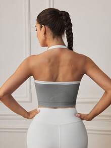 Eassivo Contrast Trim Backless Halter Neck Sports Athleisure Active Tank Top Gym Workout Light Grey Summer - Light Grey - View 2