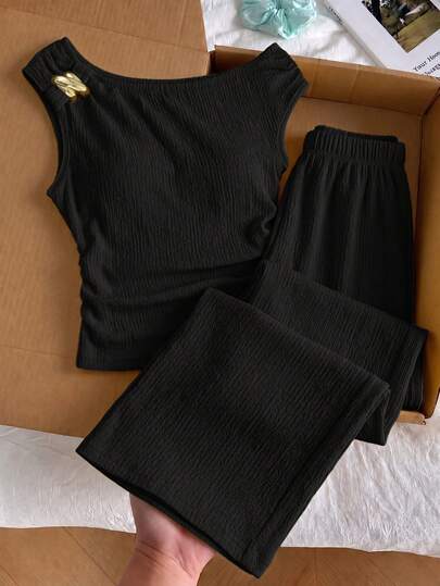 SHEIN Sparklyn Conjunto de top sin mangas y camiseta para adolescente, con cuello asimétrico, diseño de cintura fruncida, perfecto para primavera y verano, estilo Bottle Girl, casual, todo negro