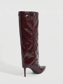 Daringsoles 女士尖头性感过膝长靴，侧拉链秋冬PU皮裤靴，迷人酒红色，适合节日派对 - 紅色 - 查看 9