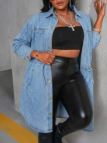SHEIN EMERY ROSE CURVE Plus Size Casual Drawstring Waist Denim Jacket, Autumn - Light Wash - View 4