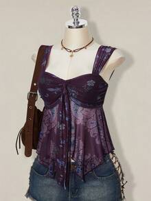 SHEIN ICON 女款全印花百褶休閒日常穿搭上衣 - 紫色 - 查看 13