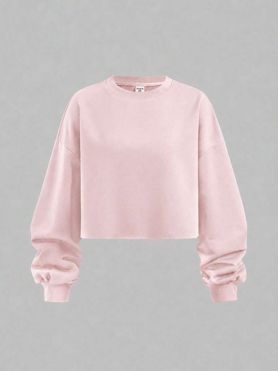 SHEIN Girlism 青少年女孩純色圓領落肩長袖休閒秋冬衛衣 - 粉色 - 查看 1