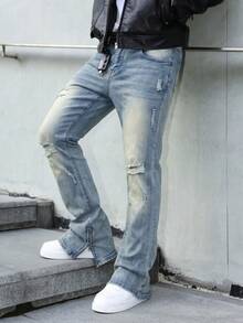 Manfinity Roghcode Men's Light Blue Distressed Horseshoe Jeans Slim Fit Stretch Long Pants Vacation Summer Street Wear - Light Wash - View 1