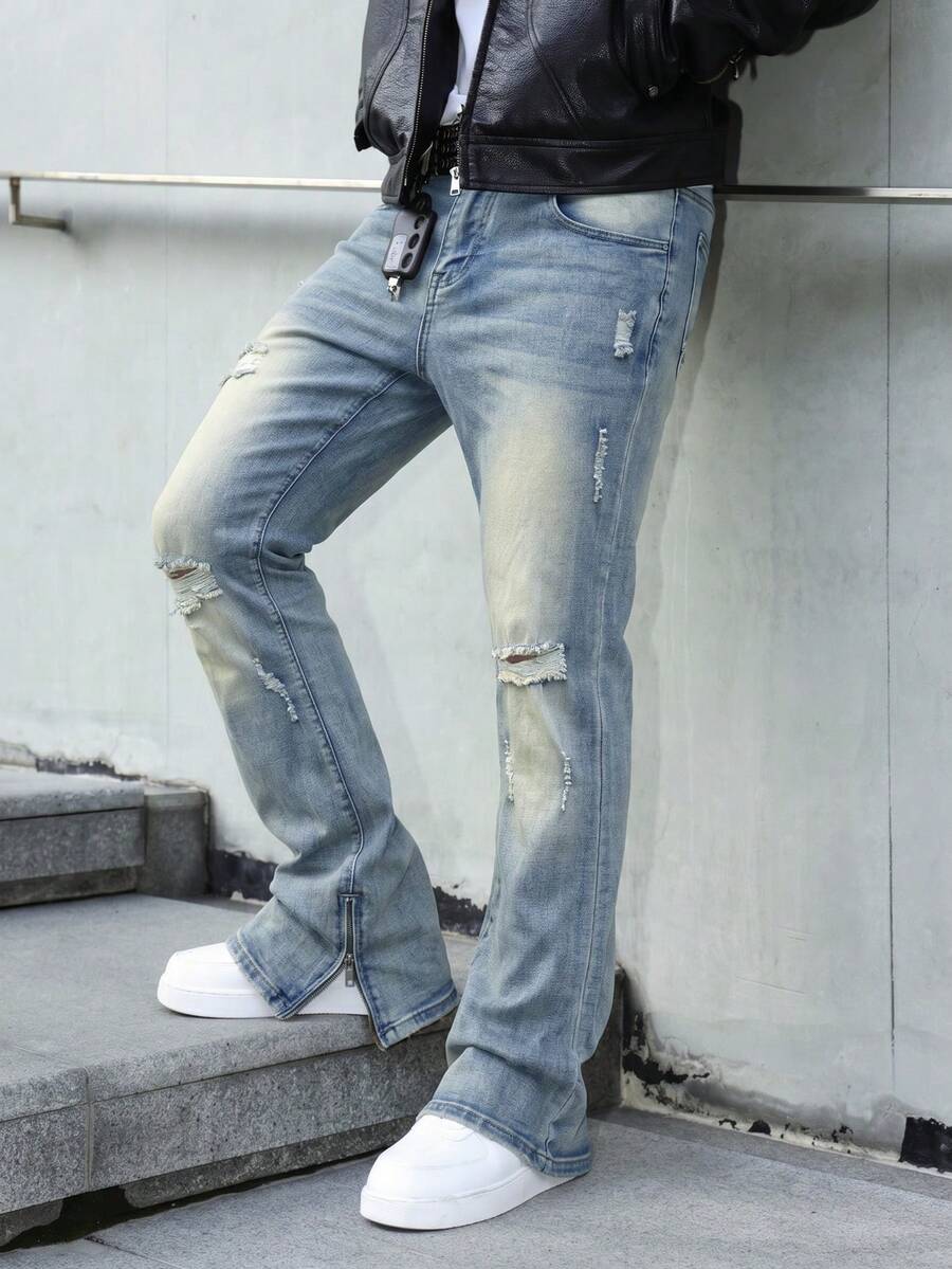 Manfinity Roghcode Men's Light Blue Distressed Horseshoe Jeans Slim Fit Stretch Long Pants Vacation Summer Street Wear - Light Wash - View 1