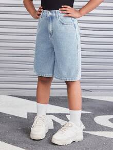 SHEIN Tween Girl Retro Washed Loose Fit Baggy Bermuda Denim Shorts With Slanted Pockets, Fall Streetwear - Light Wash - View 4