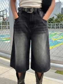 DAZY Teen Girls' Loose Fit Pocketed Wide Leg Cropped Denim Shorts - Black - View 4