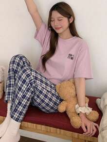 DAZY 女款字母印花短袖上衣與格紋長褲休閒日常居家服套裝 - 紫色 - 查看 3