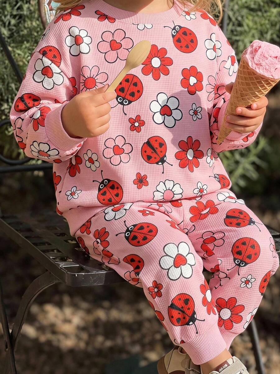 THE HAPPY LOOK 2件套少女瓢虫图案针织柔软圆领长袖套头衫和松紧腰裤 - 彩色 - 查看 1