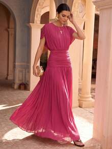 Anewsta Spring/Summer New Solid Color Elastic Mesh Soft Delicate Round Neck Ruched Design Long Dress For Women Party Night Fuchsia Pink Elegant - Hot Pink - View 4