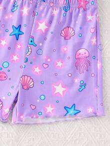SHEIN 女童卡通印花細肩帶上衣與短褲居家服套裝 - 紫色 - 查看 7