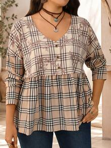 EMERY ROSE Plus Size Women's Plaid Floral Print V-Neck Long Sleeve Ruffle Button Loose Blouse Boho Casual Vacation Formal Brunch Autumn Black And White Fall - Multicolor - View 2