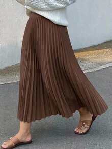 Dazy Plus Rok Lipit Elegan Warna Polos untuk Musim Semi/Panas, Rok Cokelat Serbaguna - Coklat - View 3