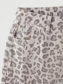 SHEIN MOD 女款豹紋休閒日常牛仔褲，附口袋與鈕扣，秋季款 - 彩色 - 查看 3