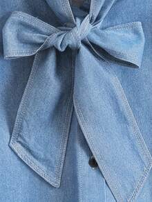 EMERY ROSE EMERY ROSE Women's Tie Neck Long Sleeve Casual Single-Breasted Denim Shirt - Light Wash - View 4