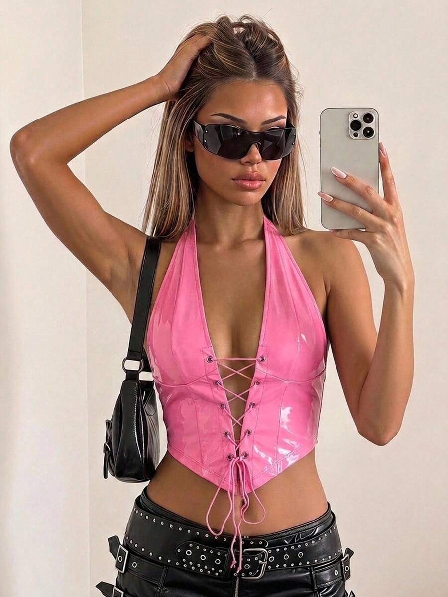 SHEIN ICON Lace Up Front PU Leather Halter Top - Pink - View 1