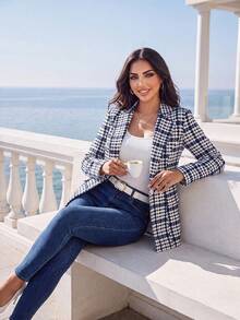 Auveirra 女款優雅格紋西裝外套，百搭日常穿著長袖西裝，經典格紋外套適用於通勤、度假 - 藍白色 - 查看 7