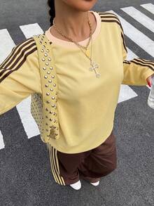 Muchica 女款側條紋長袖運動衫與長褲休閒街頭風兩件套旅行棕色條紋秋季 - 彩色 - 查看 4