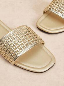 Rosivie Women's Gold Square Toe Woven Decoration Commuter Workplace Versatile Flat Sandals Comfortable And Casual One Pedal - Golden PU - View 5