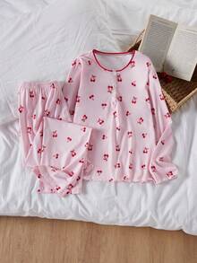Tween Girl Cherry Print Top And Pants Loungewear - Pink - View 4