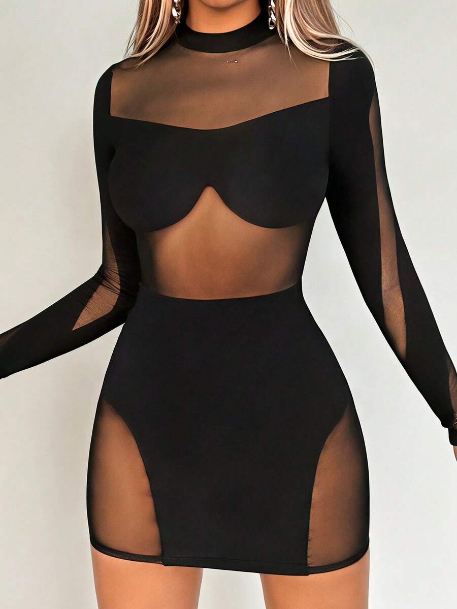 SHEIN ICON Vestido Mini Ajustado Con Cuello Falso De Malla De Contraste - Negro - Ver 1