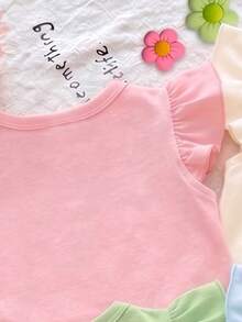 1 buah Atasan Lengan Bergelombang untuk Bayi Perempuan, Gaya Kasual Liburan Musim Panas, Motif Buah dengan Cetakan Huruf, Desain Minimalis Klasik, Modis dan Serbaguna, Cocok untuk Jalan-jalan Musim Panas dan Pakaian Liburan - Berwarna merah muda - View 3