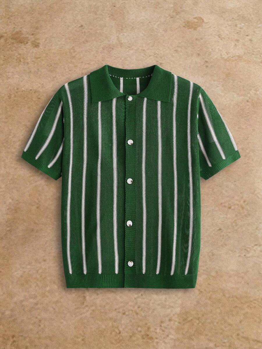 HIMLAND Men's Knitted Short Sleeve Striped Button-Up Cardigan Shirt, New Casual Commute Top - Green - View 1