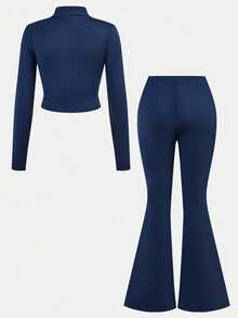 SHEIN Girlism Tween女孩純色拉鍊長袖上衣與喇叭褲休閒日常套裝 - 彩色 - 查看 3