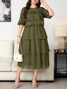Reflora Vestido elegante de verano con patchwork de encaje para tallas grandes - Verde - Ver 7
