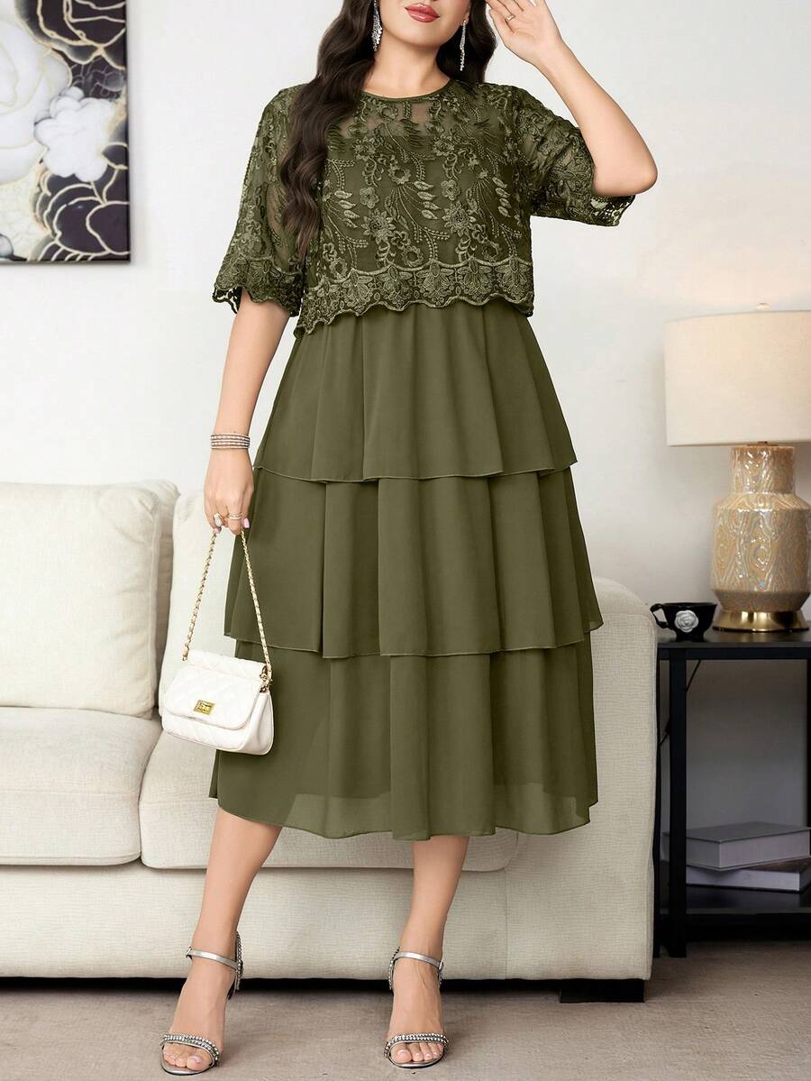 Reflora Plus Size Summer Elegant Lace Patchwork Dress - Green - View 1