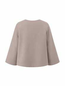 Balvessa Elegant Casual Loose Short Wool Blend Women's Top, Autumn Winter Spring, Raglan Sleeves, Round Neck - Khaki - View 3