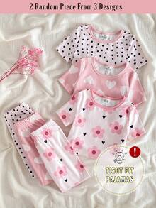 3 Sets Randomly Send 2 Sets Spring Summer Squishy Girls Toddler Outfit Fresh Cute Polka Dot Heart Flower Print Tight Comfortable Short Sleeve Long Pants Loungewear - Orange - View 1