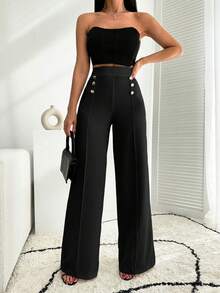 EURMUSE Pantalón palazzo de pierna ancha blanco con detalle de botón - Negro - Ver 7