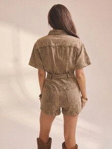Aralina 女款鈕扣前襟口袋休閒日常牛仔連身褲 - 卡其色 - 查看 2