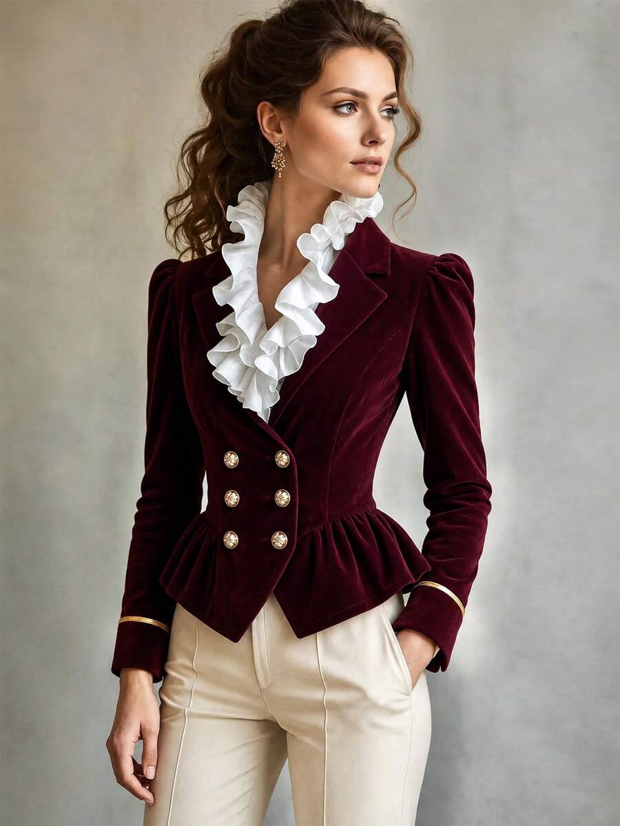 LUMIGAL Elegant Court Style Luxury Commuter Velvet Dark Red Burgundy Blazer, Cinched Waist Flared Hem, Long Sleeve Jacket, Spring/Autumn