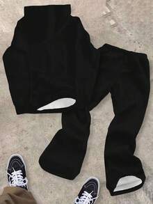 Tween Boy Casual Minimalist Y2K Colorblock Hiphop English Letter Star Pattern Loose Hoodie And Flare Pants 2-Piece Set, Suitable For Autumn/Winter - Multicolor - View 3