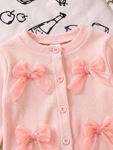 SHEIN 2pcs Baby Girl Cardigan + Pants Sweet Elegant Light Pink Big Bow Ribbed Knit Button Long Sleeve Round Neck Regular Birthday Fall Back To School Solid - Multicolor - View 5