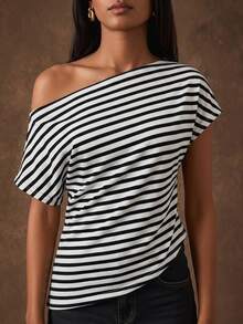 SHEIN BAE 女款休閒度假黑白條紋紋理寬鬆T恤上衣，適合海邊度假、海灘假期、姊妹休閒度假，實用背心上衣，實用T恤，紋理上衣，適合休閒出遊、休閒穿著 - 黑與白 - 查看 6